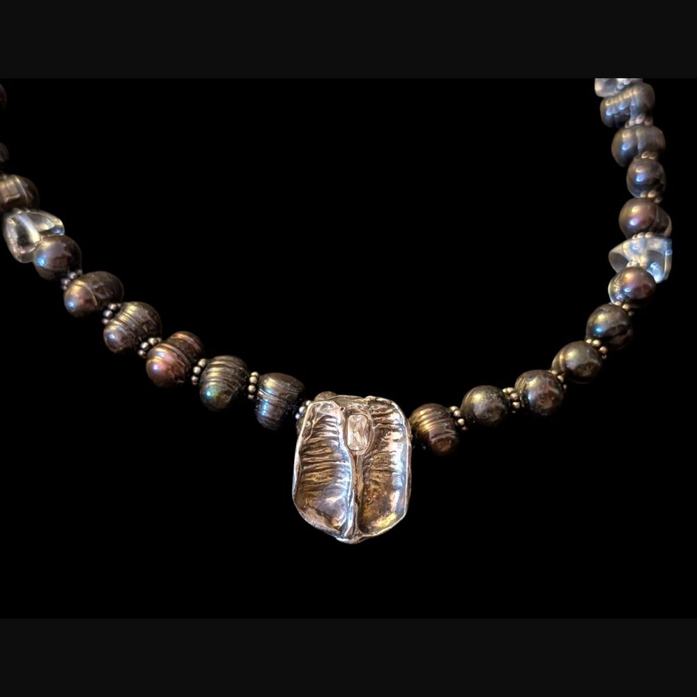 925 Sterling Silver Black Natural Pearl 18" Long Heavy Statement Necklace